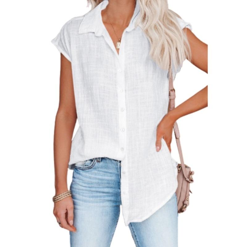 

Летняя женская однобортная рубашка однотонного цвета, женская повседневная блузка с коротким рукавом и лацканами S белый