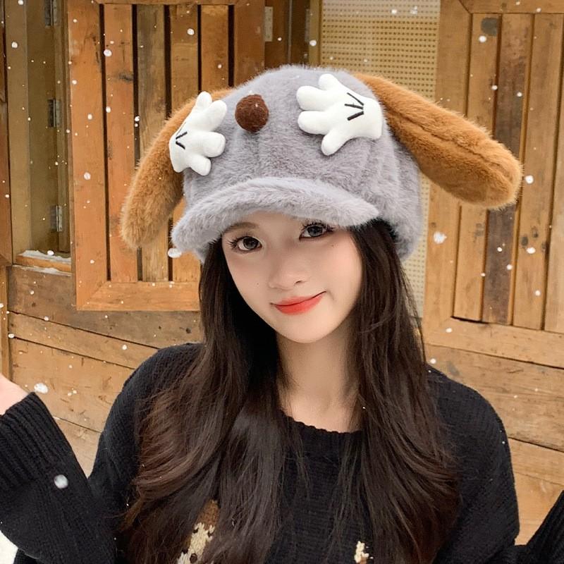 Fuzzy Plush Dog-Ear Beret Hat Women Winter Warm Short Brim Octagonal Cap Sweet Cottagecore Style