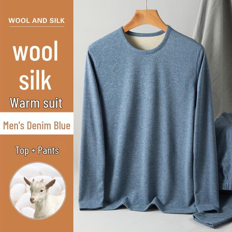 Men's and Women's Wool-Silk Fleece Lined Warm Double-Sided Brushed Underwear Set for Fall and Winter