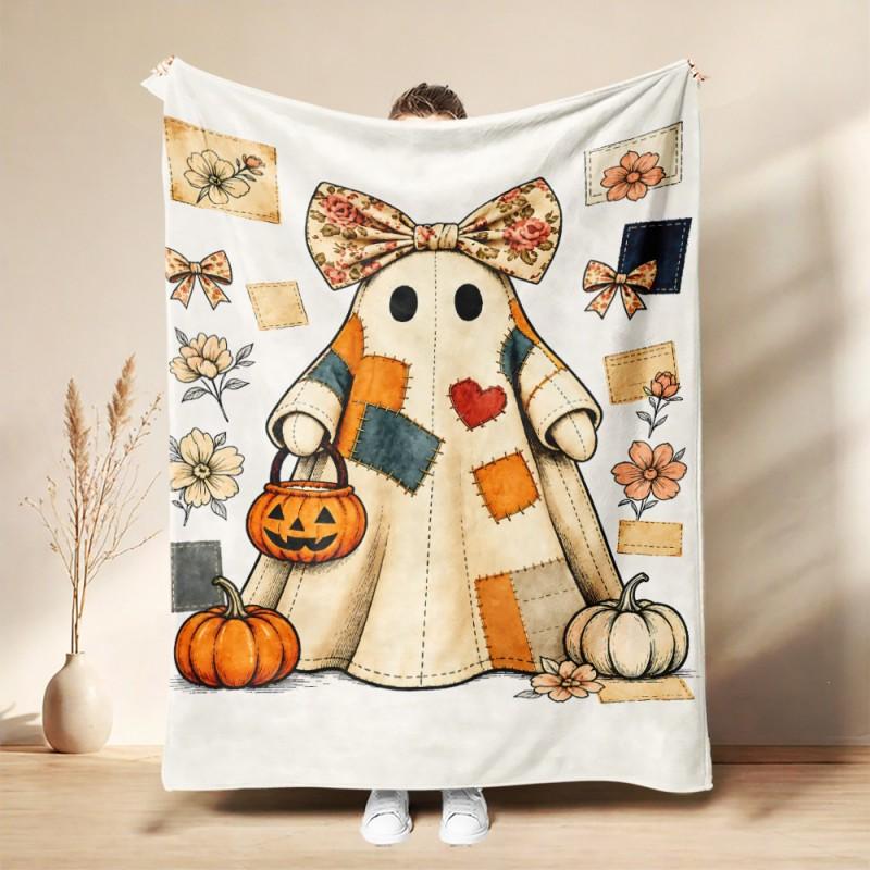 Soft Fleece Blanket Halloween Seasonal Use - Digital Print Cartoon Design Warm Lightweight Throw Bed Sofa Nap