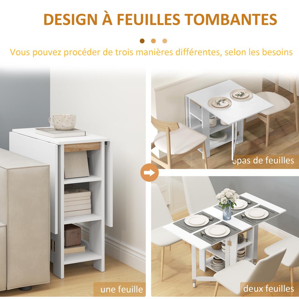 Kitchen table folding removable dining table 3 shelves 2 drop leaves modern design 120 x 60 x 75 cm white