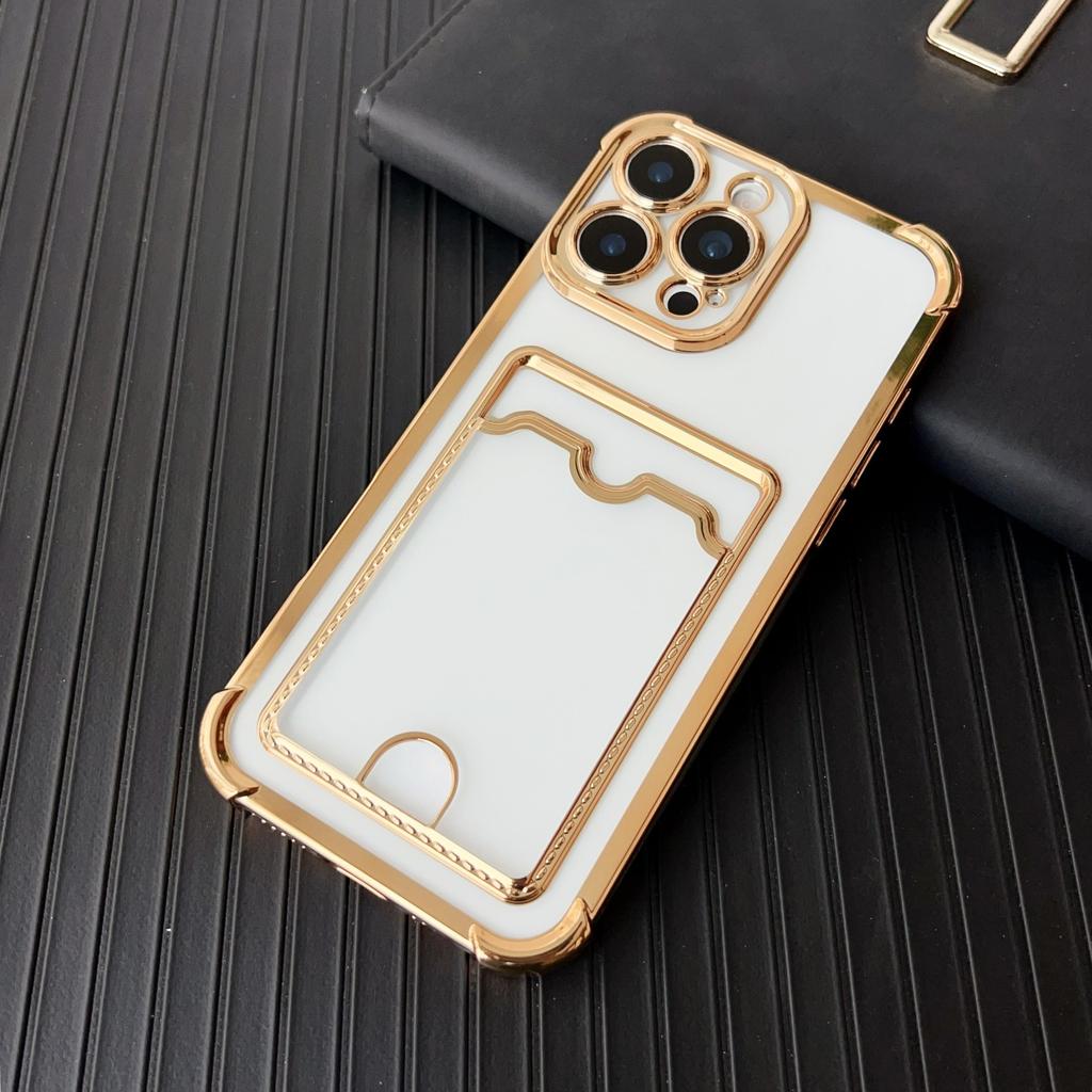 Soft Plating Card Holder Bag Case For iPhone 16 15 14 13 12 mini 11 Pro X XR Xs Max 7 8 Plus 16e Shockproof Transparent Cover