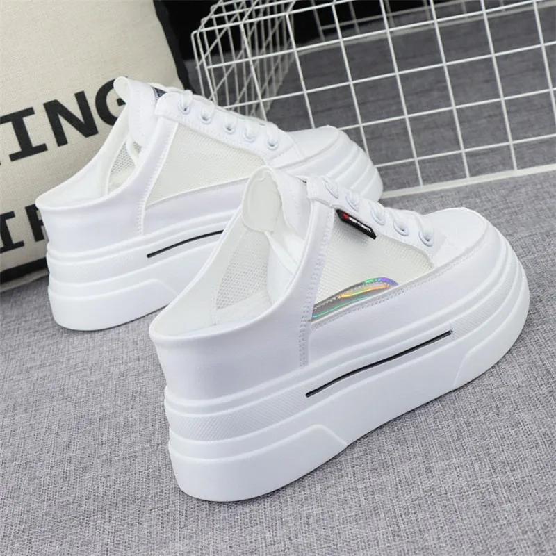 Fashion Mesh Breathable Slippers Women's 2024 Summer Outer Wear Thick Bottom Inner Heightened 8cm Slip-on Loafers Without Heel Sneakers