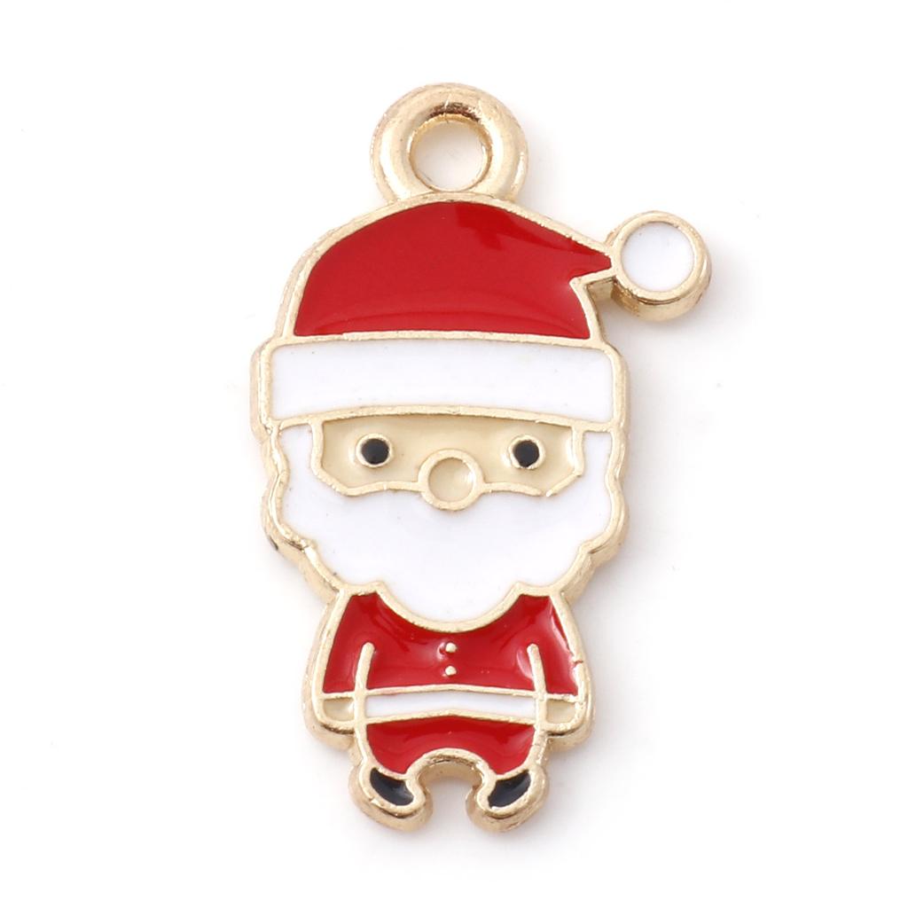 10 PCs Cartoon Christmas Charms Enamel Snowman Santa Claus Gold Color Metal Pendants For DIY Making Necklace Jewelry Findings