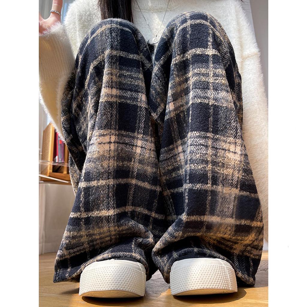 Volen Check Checked Pants for with and Stylish Women's Pants, Wide-Length Lace-Up Fall/Winter, High-Waisted, Pockets, Flattering, Slimming, Versatile,