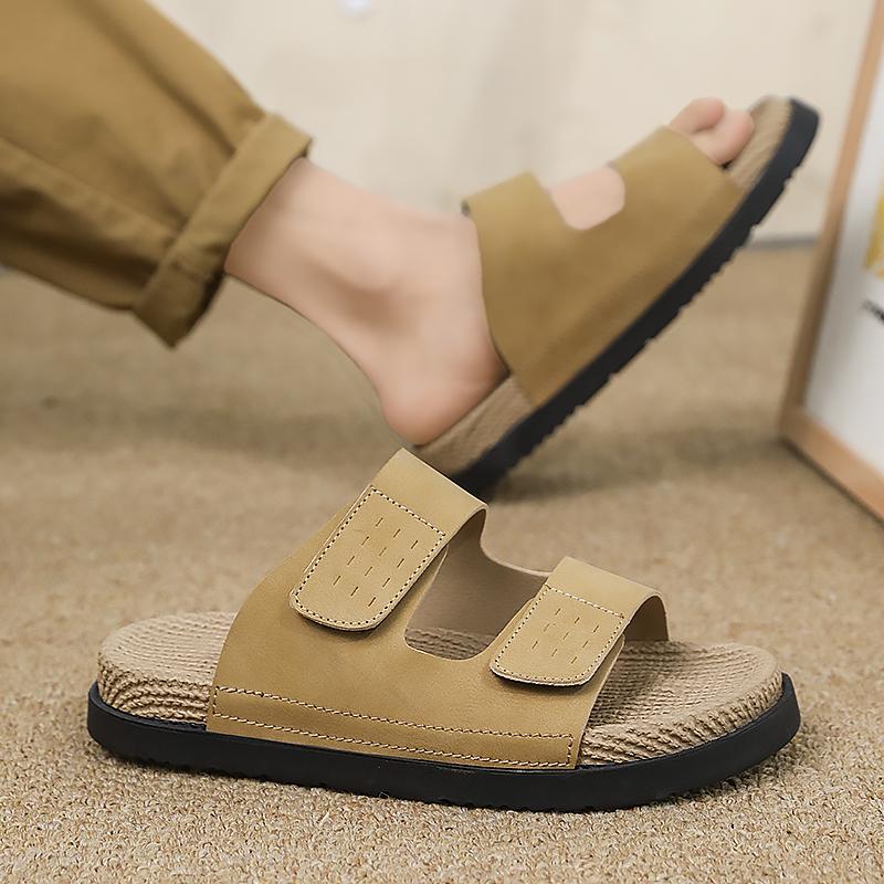 Men'S One-Strap Woven Slides Slippers Summer New Breathable Lightweight Soft Sole Anti Slip Outdoor Quick Dry Casual Beach Shoes
