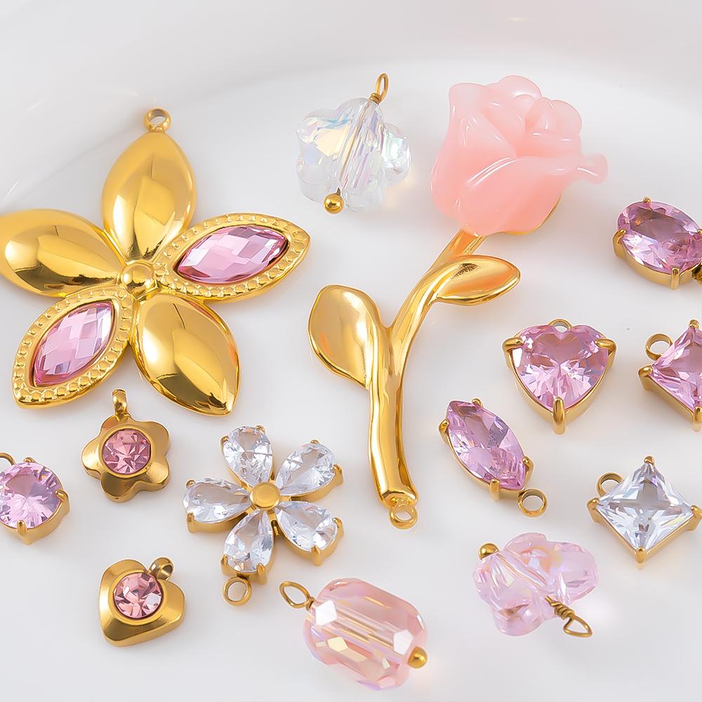 2pcs Gentle Pink Crystal Zircon Bead Stainless Steel Charms Rose Flower Heart Necklace Pendant Women DIY Earring Jewelry Making