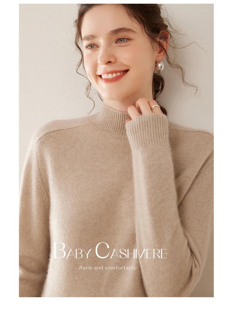 Women's Cashmere Winter Sweater - Half High Neck, Thick Knit, Saddle Shoulder, Loose Fit Pullover.