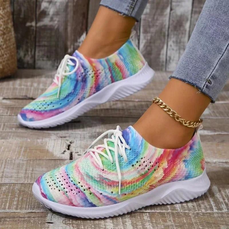 Women Mix Color Mesh Knitted Sneakers Autumn Lightweight Breathable Soft Sole Running Shoes Woman Slip On Flats Sock Shoes