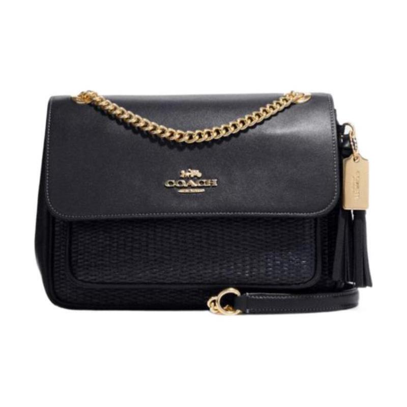 

COACH Klare 26 flap woven with chain fabric and leather shoulder crossbody bag small women s dark blue синій