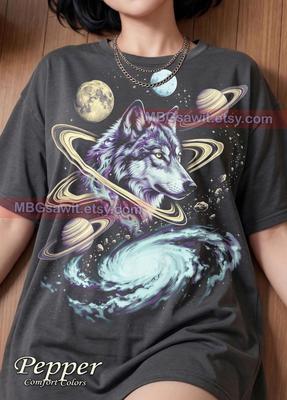 Cosmic Space Wolf Graphic Style Comfort Colors® Tshirt, Galaxy Animal Lover Retro Faded Tee, Y2K Streetwear 2000s Universe Wolf Gift