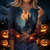 Women's Casual Halloween Print V-Neck Button Three-Quarter Sleeve T-Shirt