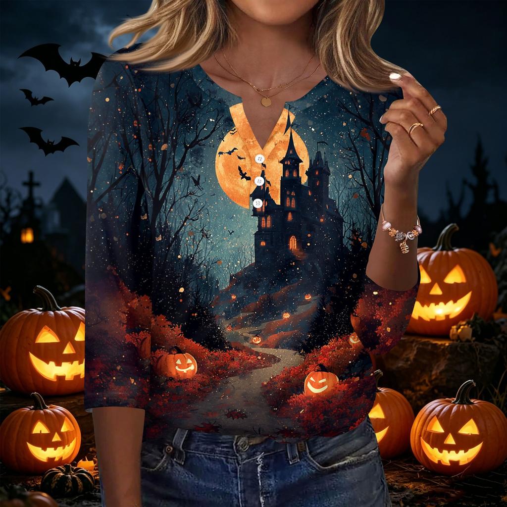 Women's Casual Halloween Print V-Neck Button Three-Quarter Sleeve T-Shirt