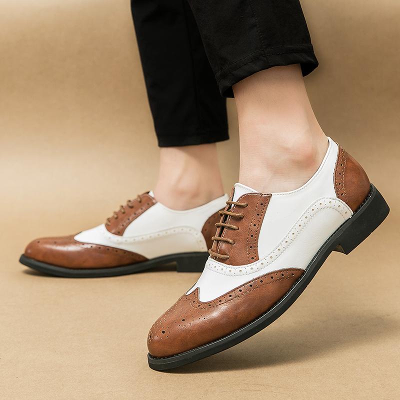 Men White Brogues Derbys Formal Business Leather Shoes Men Retro Black Tuxedo Wedding Classic Dress Shoes Over Sized