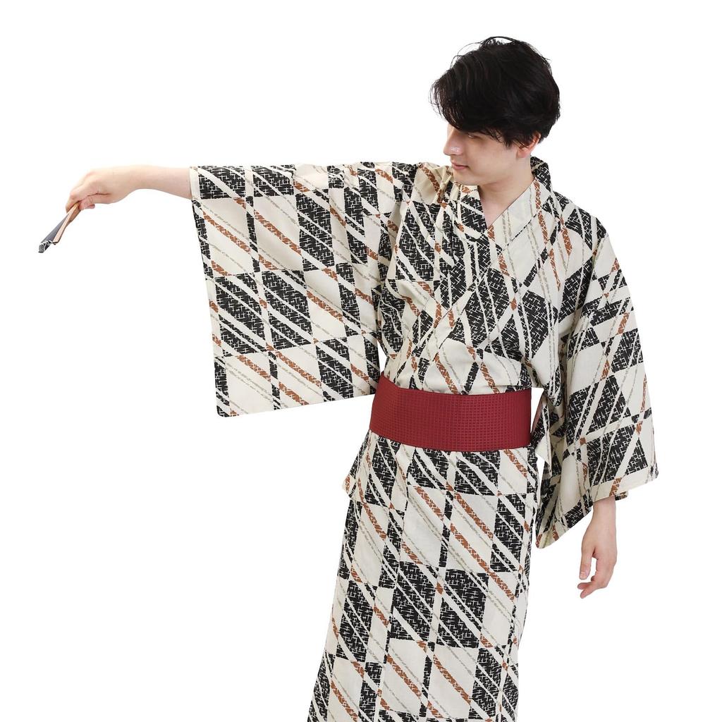 Yukata Obi 2 Piece Set Gentleman S Size Brown Cream Cross Kasuri Checkered In [Fuuka] Men's (Obi/Made Japan/B251 Wine)