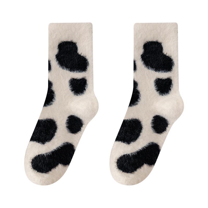 Women's Plush Fleece-Lined Mid-Calf Socks - Warm Milk Spot Mink Cashmere for Autumn/Winter Home Use