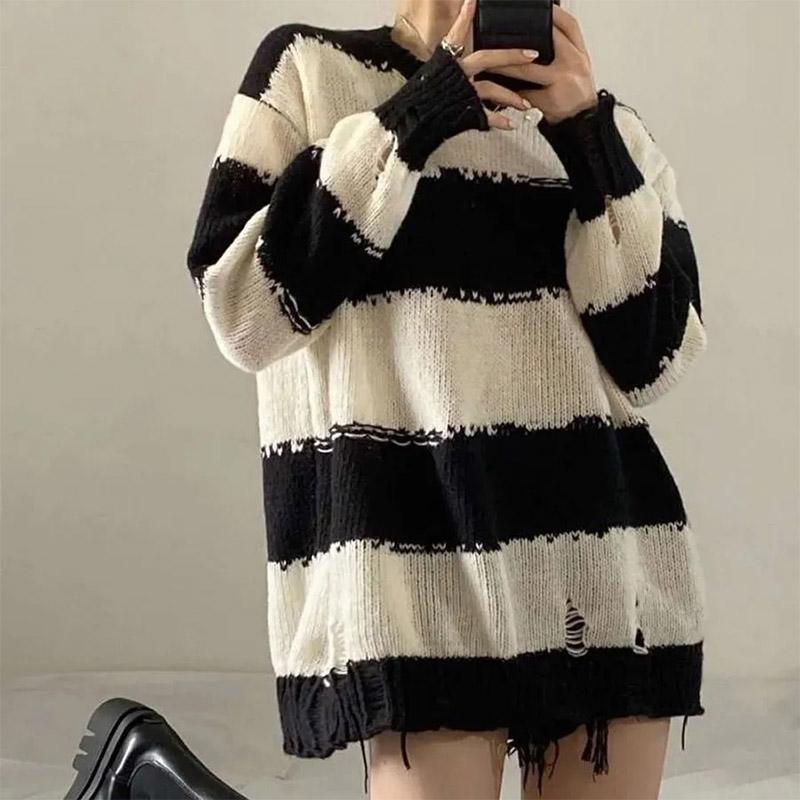 Striped Sweater Women's Retro Y2k Mid-length Knitted Sweater Top Loose and Lazy Style Korean Style Outer Wear Pullover Sunscreen Clothing