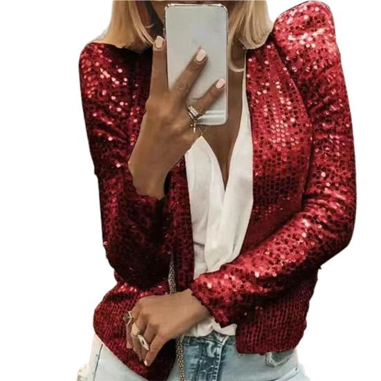 Women Party Sequin Coat Round Neck Open Stitch Cardigan Long Sleeves Short Type