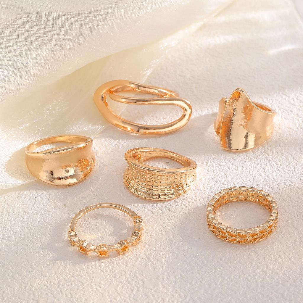 European & American High-End Wide Band Alloy Ring Set with Irregular Line Design