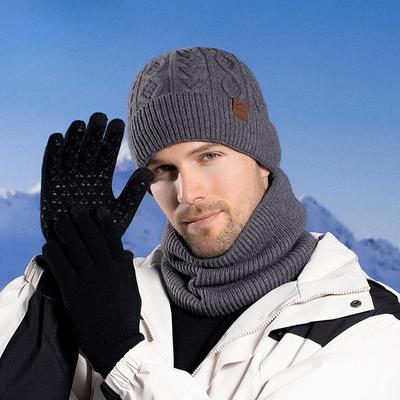 Kadife Şapka Eldiven Atkı Seti ile Sıcak Kış Soğuk Geçirmez Yün Şapka Avrupa ve Amerikan Erkek Örgü Şapka