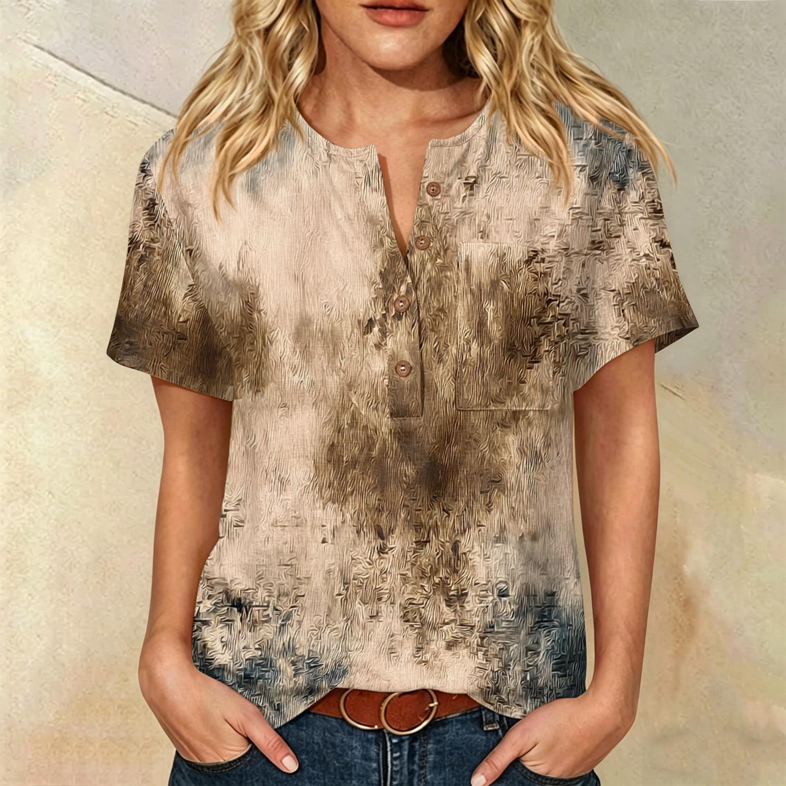 

Women’s Printed Short Sleeve Henley Neck Shirt with Front Pocket Cotton Linen Material Relaxed Fit Casual Top M хаки