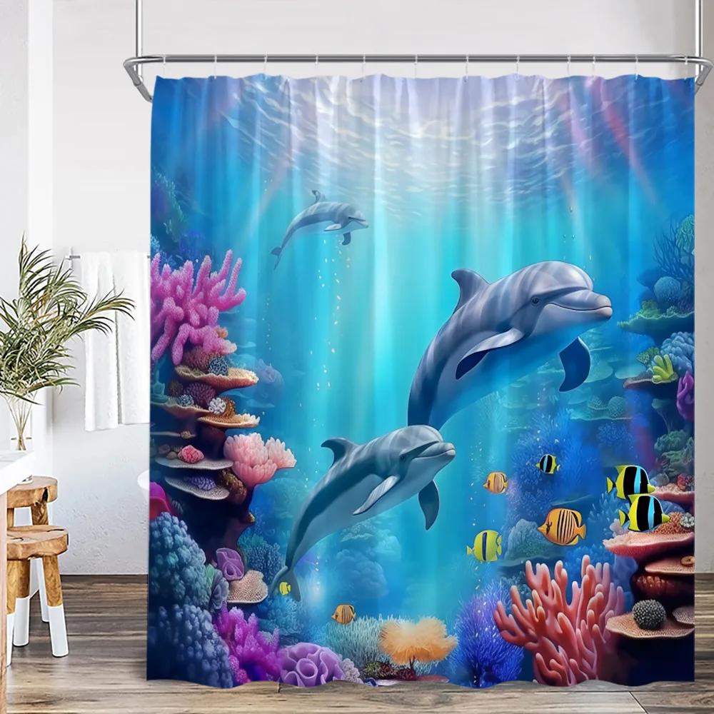 Sea Animals Shower Curtain 3D Dolphin Turtle Octopus Jellyfish Undersea World Bathroom Decoration Kids Polyester Bathtub Curtain