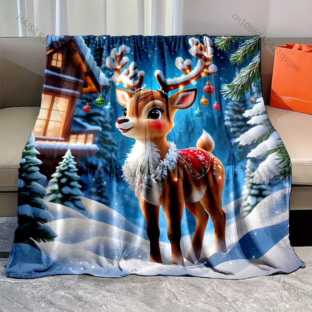 Festive Reindeer in Snowy Landscape Pattern Blanket Flannel Material Soft Warm for All Seasons Home Outdoor Camping Picnics RV