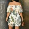 Women Plus Size Off Shoulder Short Sleeve Sunset Palm Wave Print Loose Romper With Pockets