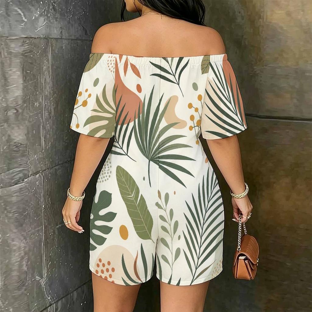 Women Plus Size Off Shoulder Short Sleeve Sunset Palm Wave Print Loose Romper With Pockets