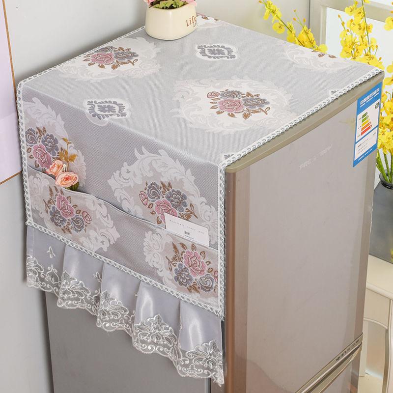 Rural Style Refrigerator Dust Cover with Lace Embroidery Patterns Anti Dust and Anti Stain Universal Size Double Door Refrigerator Decorative Cover