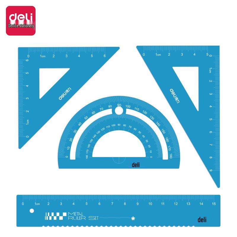 79532 Deli Student Drafting Ruler Set: Includes Straight Ruler, Two Triangle Rulers, and Protractor 4-piece set