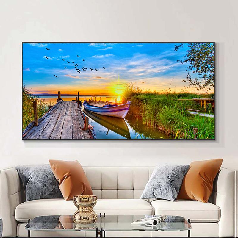 Landscape Sunset Lake Flying Bird Boat Sky Canvas Painting Posters and Prints Wall Art Pictures Living Room Home Decor No Frame No Frame