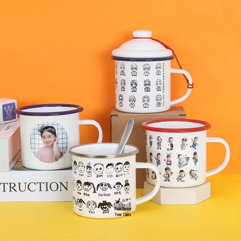 Retro Thickened Enamel Mug with Blue Rim