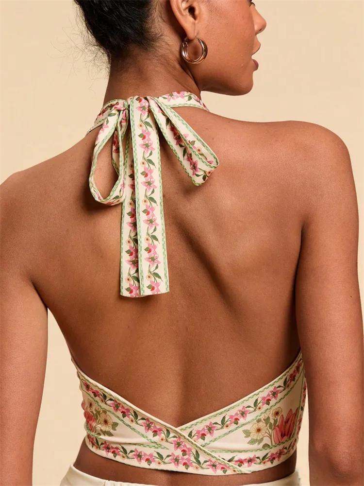 Krótki Top phumee Węzeł z Przodu Kwiatowy Wzór Bez Pleców A2472