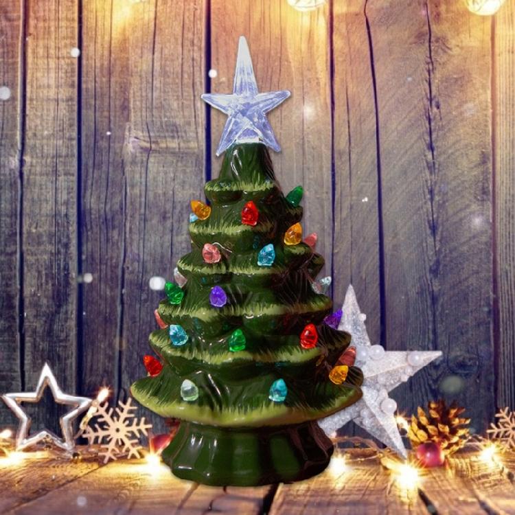 Small Christmas Tree with Ornament for Tabletop Display Ceramic Night Light Stylish Festival Home Decoration Supplies