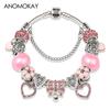 New Valentine's Romantic Pink Heart Charm Bracelet & Bangle Fine Crystal Diy Bead Bracelet Jewelry for Women Girl Gift
