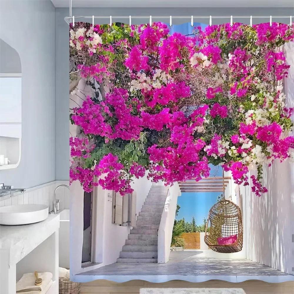 

European Landscape Shower Curtains Purple Flowers Plants Blue Wooden Door Vintage Mediterranean Style Bathroom Decor With Hooks W60H190(CM)-1 Pcs