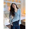 Women's Blue Lace V-Neck Tie-Up Long-Sleeve Knitted Sweater: French-Style Spring Low-Neck Top