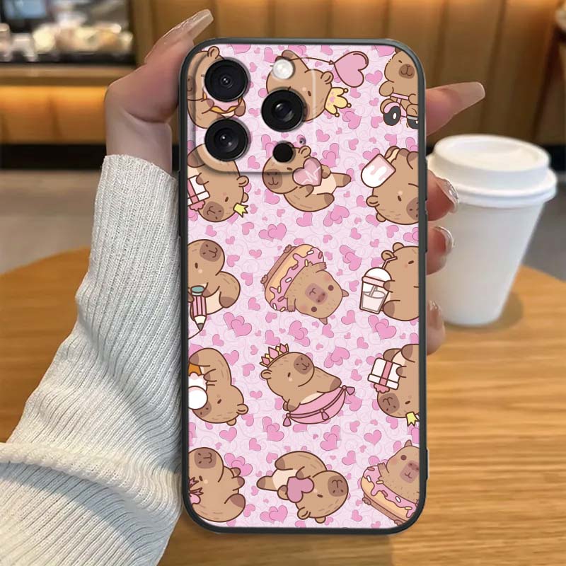Cartoon Anime Capibala Art Phone Case For Apple iPhone 17 16 16E 15 14 13 12 11 Pro Max Plus Black Soft Silicone
