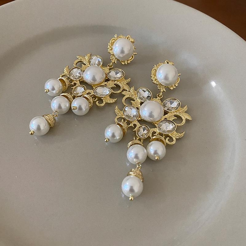 French Retro Luxury Silver Pearl Tassel Stud Earrings - Elegant and Versatile for Women