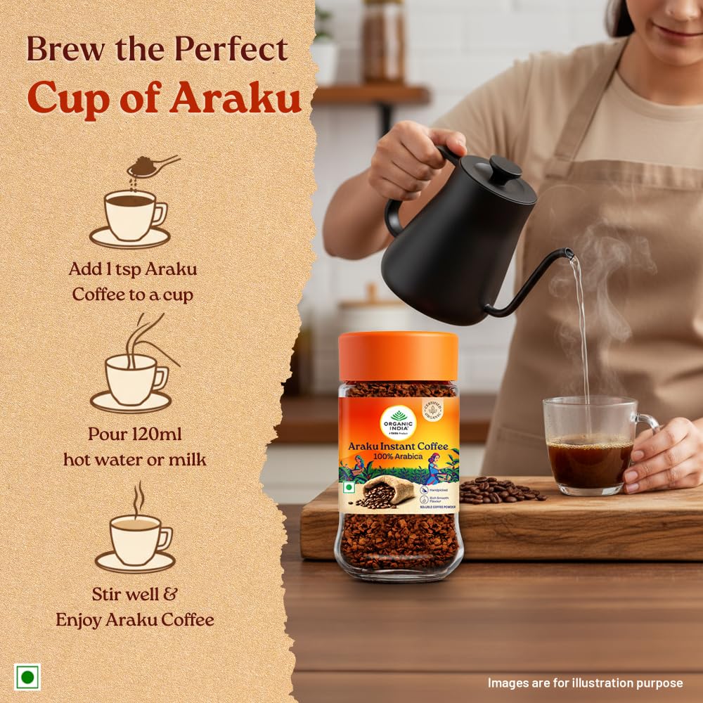 ORGANIC INDIA Araku Instant Coffee 50g Pack Of 1, Premium Arabica Beans, Smooth Fruity Chocolaty Medium Roast