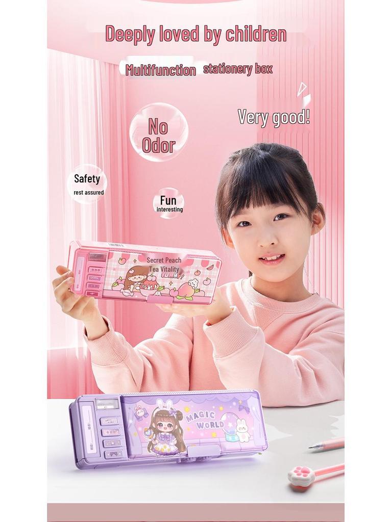 Kids Multi-Functional Pencil Case with Password Lock - Double Layer, Large Capacity for Boys and Girls