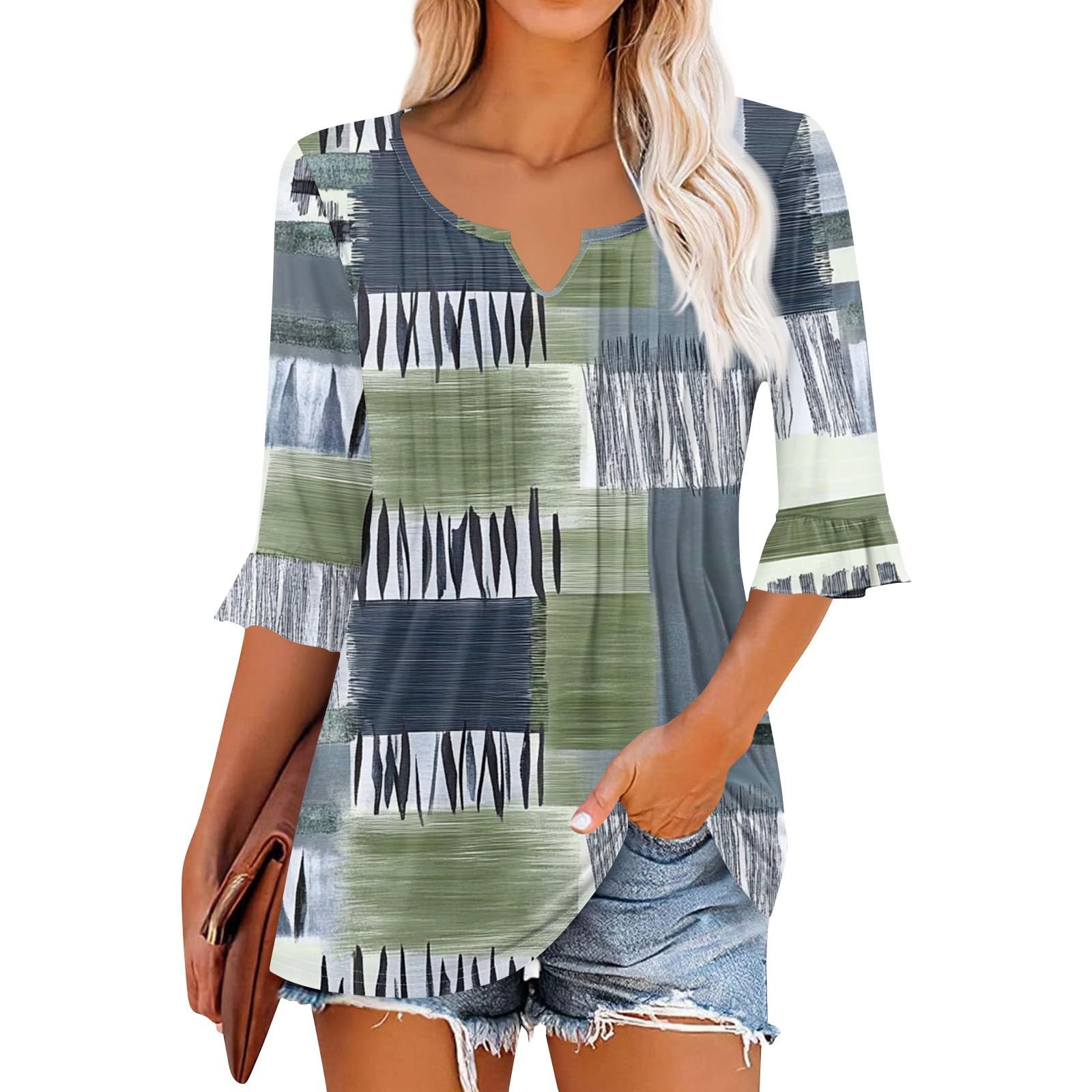 

3/4 рукава топы для женщин повседневные оборки V-образный вырез футболки рабочие блузки нарядные туники топы L армия зеленый