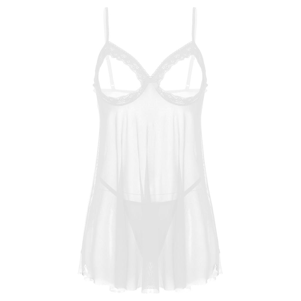 Dámská průsvitná síťovaná souprava spodního prádla - Plus size krajková babydoll s nastavitelnými ramínky a G-string noční prádlo