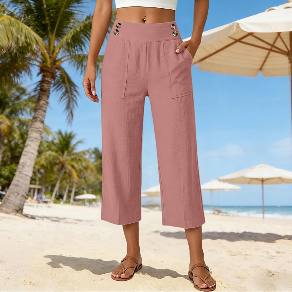 Women's Loose Fit Solid Color Straight Leg Elastic Waist Beach Capris Casual Pants with Button Detail and Side Pockets