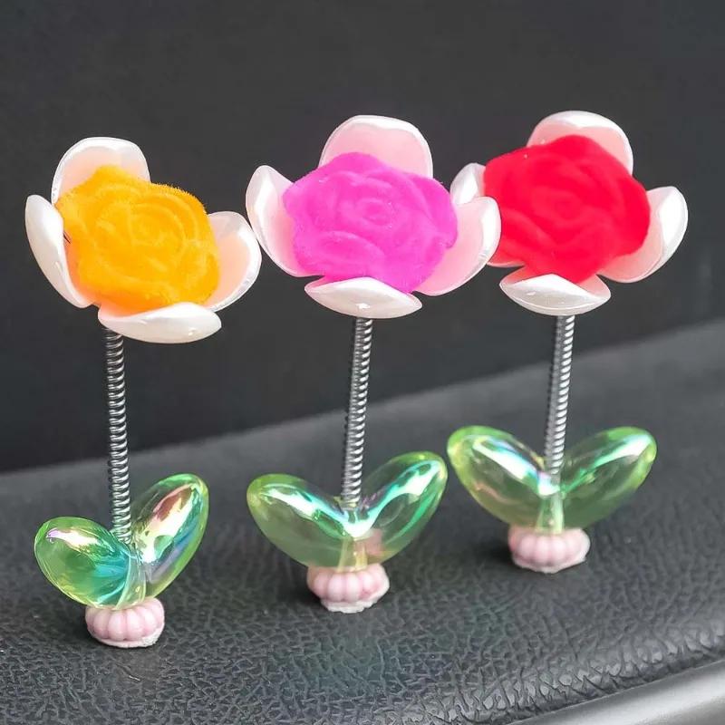 Mini Car Ornaments Car Center Console Spring Shaking Head Rose Decoration Pendant with Double-sided Adhesive Tape Healing Series