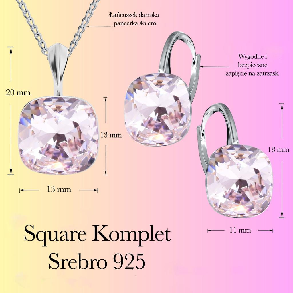 Srebrny komplet square kolczyki naszyjnik prezent na walentynki - srebro 925 - rosaline