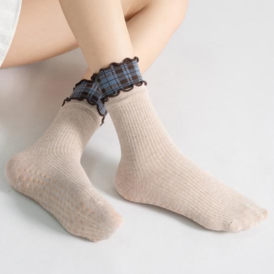 1 Pair Yoga Socks with Non-slip Gripper Double Ruffled Plaid Cuff Mid-calf Socks Women Ballet Dance Pilates Cotton Crew Socks
