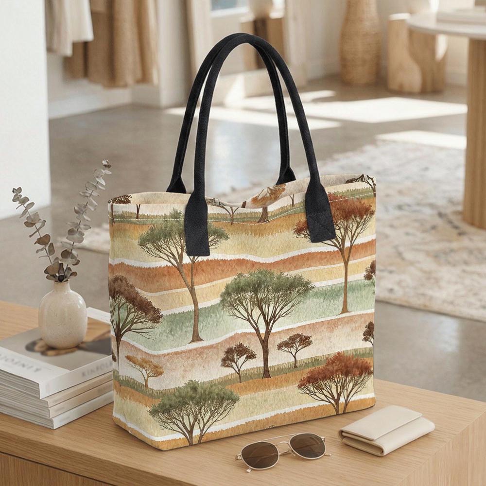  Watercolor Tree Print Canvas Tote Bag Portable Large Capacity Casual Daily Shoulder Handbag