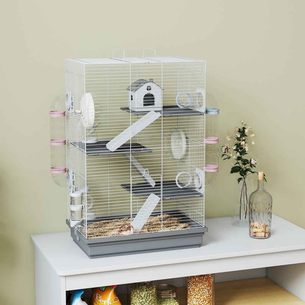 4-Tier, 16-Tube Hamster Cage with House, Ramp, and Accessories, Metal and Plastic, 47x30x70 cm, Grey